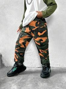Young Boy Retro Neon Camo Casual Comfortable Washed Denim Jeans, Street Fashion Denim Pants - Army Green - View 5