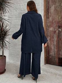 SHEIN LUNE 2pcs Plus Size Comfortable Textured Button-Up Long Sleeve Shirt And Elastic Waist Wide Leg Pants Set