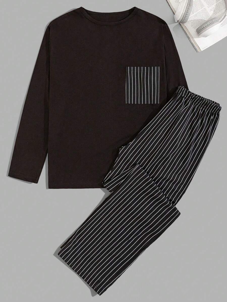 EURMUSE Men Striped Pants Striped Pocket Regular Longsleeve Homewear Set