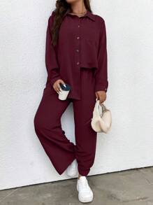 Elenzga 2pcs Plus Size Solid Color Buttoned Front Long Sleeve Top And Knot Detail Long Pants Casual Outfit Fall Cloth For Women