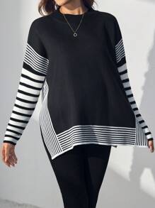 SHEIN Maternity Knit Sweater - Striped & Solid Pullover Knitwear For Pregnant Women, Autumn & Winter