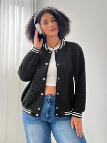 SHEIN EZwear Áo khoác kẻ sọc chắp vá cỡ lớn màu đen giản dị cho nữ - màu đen - Xem 3