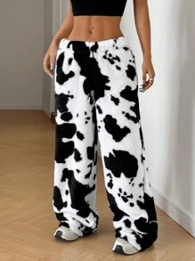 SHEIN EZwear Cow Print Plush Straight-Leg Pants, Casual Daily Wear