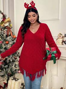 EMERY ROSE Plus Size Twist Rope Fringe Hem Pullover Sweater - Red - View 1