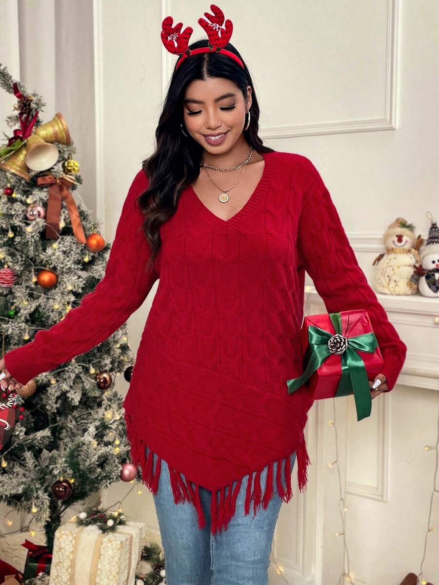 EMERY ROSE Plus Size Twist Rope Fringe Hem Pullover Sweater - Red - View 1