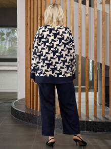 EMERY ROSE Bộ 2 áo sơ mi họa tiết hình học cỡ lớn cho nữ và quần xanh - Màu xanh lam - Xem 3