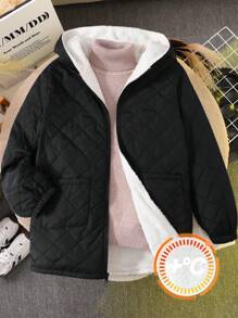 SHEIN Teen Girls Black Solid Color Contrast Hooded Fleece Jacket With Pockets,In Fall/Winter - Black - View 3