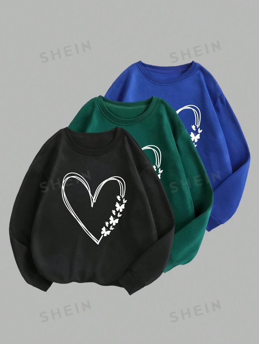 SHEIN LUNE Sudadera holgada de cuello redondo con estampado de corazón y mariposa, casual para mujer, otoño/invierno