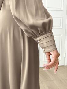 Modelyn Women Elegant Solid Color Lantern Sleeve Modest Long Sleeve Maxi Arabian Dress, Spring Summer Long Evening Dresses - Brown - View 6