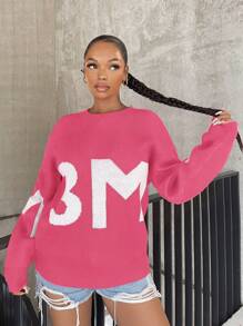 SHEIN SXY Casual Oversized Loose Knitted Sweater With Numeric Pattern, Autumn & Winter - Pink - View 6