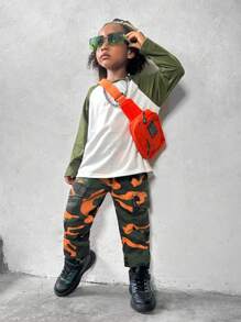 Young Boy Retro Neon Camo Casual Comfortable Washed Denim Jeans, Street Fashion Denim Pants - Army Green - View 3