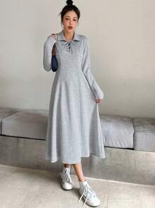 DAZY Robe décontractée à manches longues et à nouer de couleur unie pour femmes, robe de vêtements d'automne - Gris - Voir 3