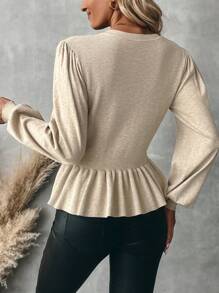 SHEIN Clasi Jersey con mangas de farol, cuello en V, volante en el bajo, unicolor para mujer, otoño/invierno