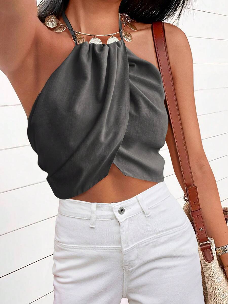 SHEIN Clasi Women's Summer Solid Color Pleated Wrap Camisole