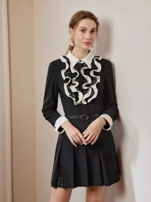 MOTF PREMIUM CONTRAST LACE RUFFLE TRIM PLEATED HEM BELTED SHORT DRESS