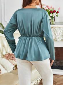 SHEIN Unity Plus Size Women's Solid Color V-Neck Twist Side Waist Long Sleeve Blouse, Spring Summer - Green - View 2