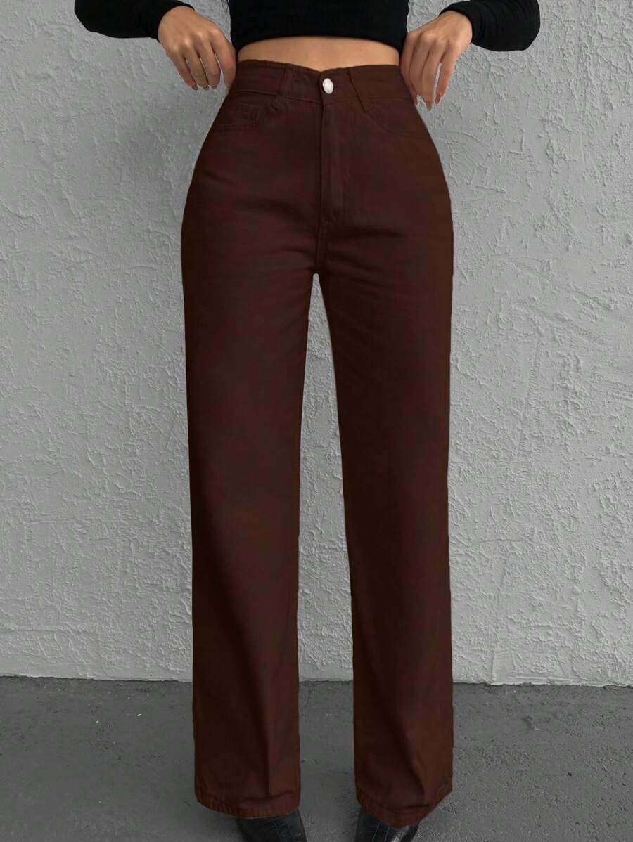 EURMUSE Solid Straight Leg Jeans - Brown - View 1