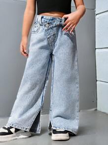 SHEIN Explorewe Jeans de pierna acampanada casual con lavado claro y dobladillo con abertura lateral para niña