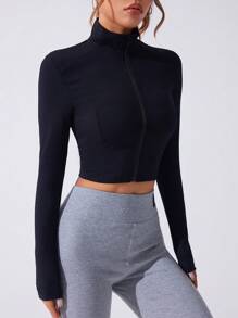 Women Spring/Autumn Solid Color Zipper Collar Long Sleeve Fitted Crop Jacket - Black - View 4