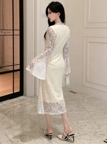 DAZY V-Neck Lace Midi Dress For Women,Ruffle,Fall Clothes Long Sleeve Dress - White - View 2