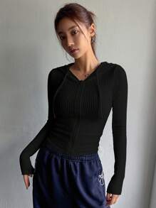 DAZY Women's Slim Fit Hooded T-Shirt, New Arrival Autumn Women Jacket,Fall Women Clothes - Black - View 3