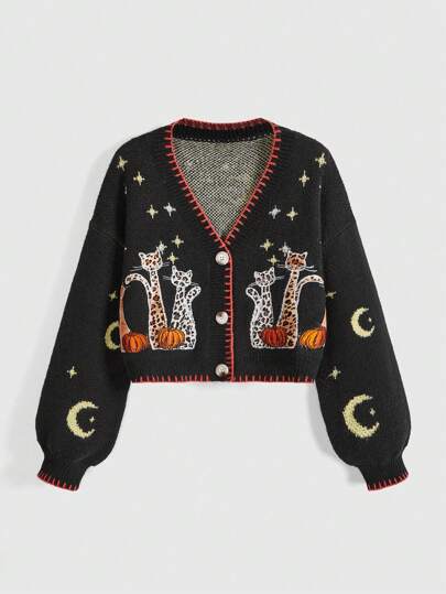 Kawaii Women's Autumn/Winter Halloween Leopard & Pumpkin Printed Drop Shoulder Cardigan