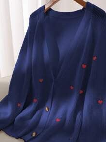 SHEIN Frenchy 大码女式心形图案长袖宽松休闲开衫，适合冬季