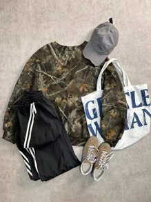 SHEIN EZwear Áo nỉ thể thao cổ tròn họa tiết ngụy trang cổ điển dành cho nữ mùa thu đông, áo dài tay - xanh quân đội - Xem 2