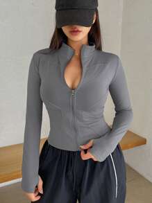 DAZY Chaqueta ajustada con cremallera delantera de unicolor, primavera otoño - Gris - Ver 5