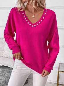 SHEIN Clasi Jersey de punto con escote en V y adorno de perlas de imitación, para mujer, otoño/invierno