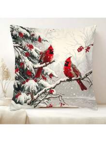 1pc Contemporary Style Cardinal & Winter Berries Pillow Cover, Short Plush Polyester Decorative Throw Pillowcase With Zipper, Christmas & Holiday Cushion Cover For Home Decor - Red - View 1
