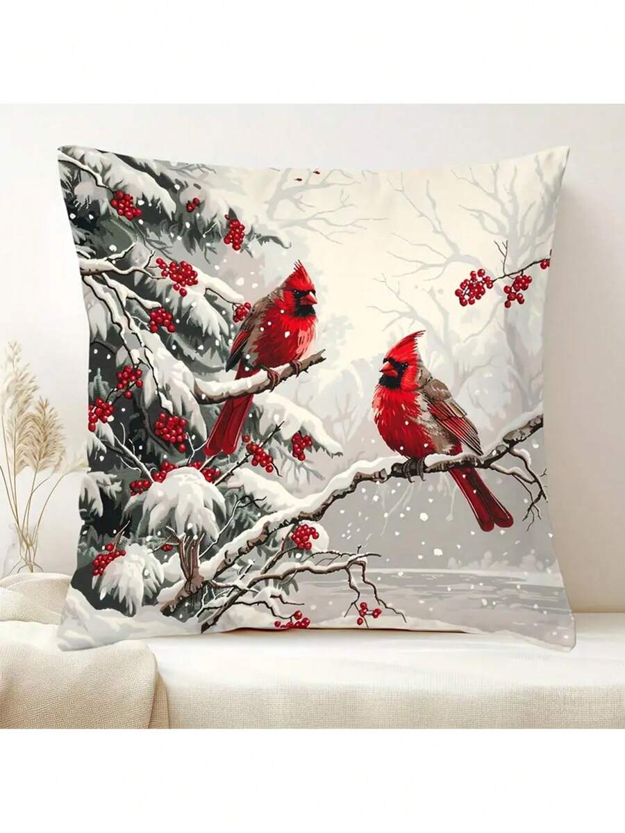 1pc Contemporary Style Cardinal & Winter Berries Pillow Cover, Short Plush Polyester Decorative Throw Pillowcase With Zipper, Christmas & Holiday Cushion Cover For Home Decor - Red - View 1