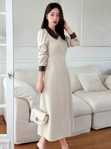 DAZY Elegant Patchwork PU Leather Collar Single-Breasted Lace-Up Waist Long Sleeve Dress