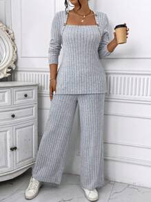 SHEIN 2pcs Plus Size Women Elegant Casual Commuter Comfortable Solid Crew Neck Long Sleeve Ribbed Knit Top And Wide Leg Pants Set