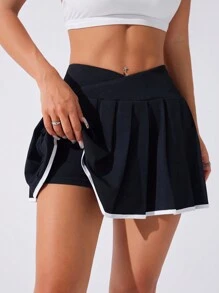 CourtClass Women's Asymmetrical Waistline Contrast Color Pleated Sports Skorttennis Skirt