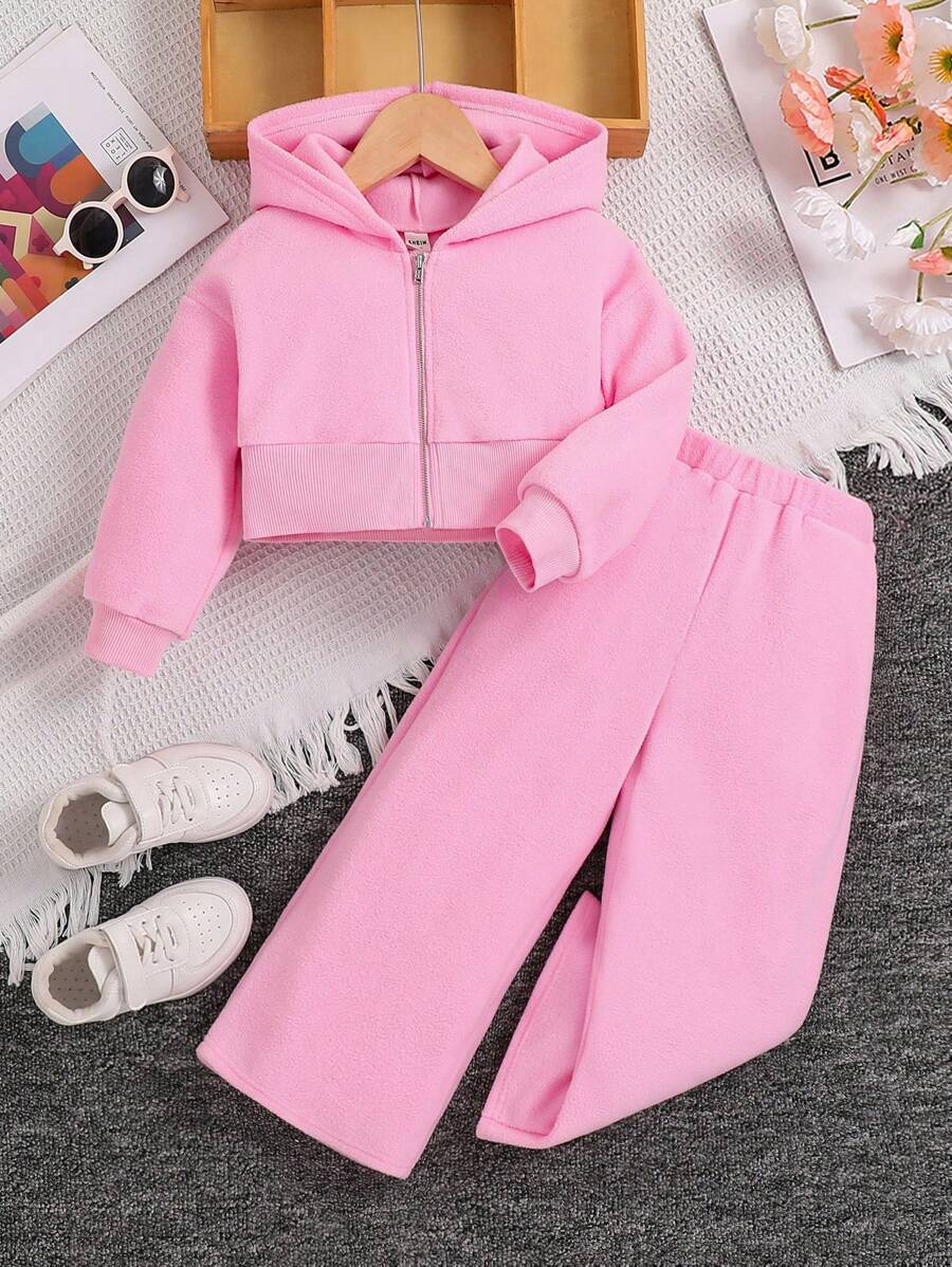 SHEIN 年轻女孩 2 件/套时尚摇粒绒粉色拉链前落肩连帽衫和裤子套装，运动风格，非常适合秋冬季休闲、日常穿着和学校日常穿着 - 粉色 - 查看 1