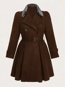 SHEIN Clasi Plus Size Casual Stand Collar Double-Breasted Woolen Coat For Autumn & Winter - Coffee Brown - View 1