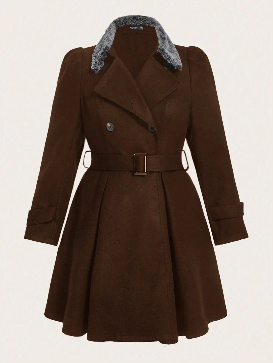 SHEIN Clasi Plus Size Casual Stand Collar Double-Breasted Woolen Coat For Autumn & Winter - Coffee Brown - View 1