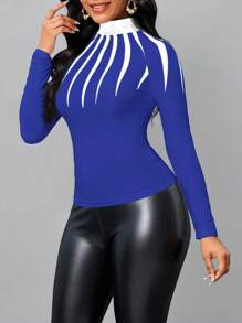 SHEIN Lady 女士秋季修身拼色长袖 T 恤 - 寶藍色 - 查看 4