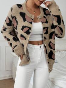 Chiquease Áo Cardigan nữ tay dài rộng rãi họa tiết da báo thu đông - Màu Khaki - Xem 4