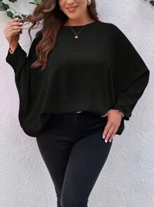 SHEIN LUNE Plus Size Women Batwing Sleeve Solid Color Crew Neck Blouse - Black - View 1