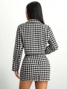 SHEIN Unity 2pcs Set: Elegant Houndstooth Cropped Jacket & A-Line Skirt, Spring Autumn - Black and White - View 2