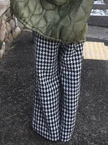 FRIFUL Women's Houndstooth Pattern Drawstring Waist Wide Leg Loose Casual Pants Plaid - Black and White - View 3
