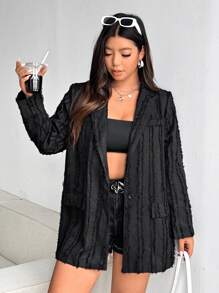 Calvaya Plus Size Women Textured Lapel Collar Long Sleeve Loose Blazer Jacket, Spring Autumn - Black - View 3