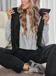 GENKIRA 女士时尚经典黑色无袖抽绳连帽绗缝背心加垫保暖聚酯纤维合成保暖冬季外套冬季夹克 - 黑色 - 查看 5