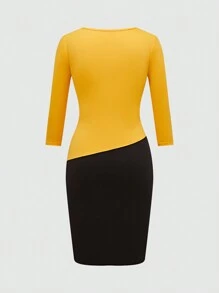 SHEIN Clasi Women Spring Autumn Contrast Lace Round Neck Long Sleeve Slim Elegant Color Block Dress