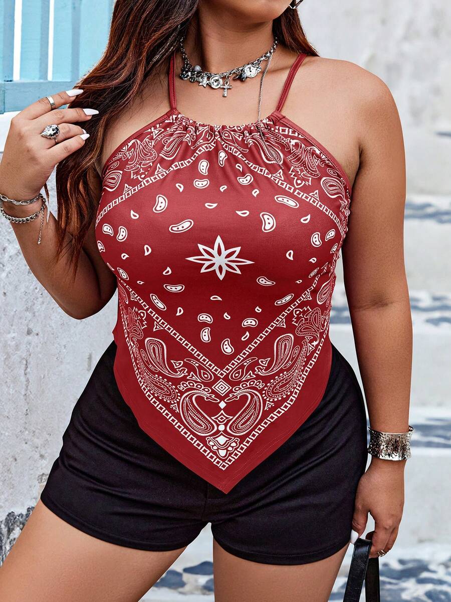 SHEIN Holidaya Áo hai dây in hoa Paisley thường ngày cỡ lớn dành cho nữ - Đỏ - Xem 1