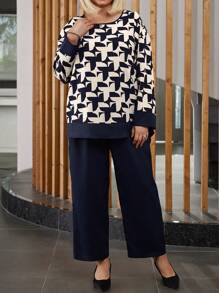 EMERY ROSE Bộ 2 áo sơ mi họa tiết hình học cỡ lớn cho nữ và quần xanh - Màu xanh lam - Xem 4