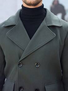 Manfinity CasualCool 男士双排扣纯色羊毛混纺大衣，男士风衣，男士大衣，秋冬男士服装，冬季男士大衣 - 墨綠色 - 查看 7