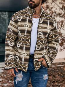 Manfinity Homme Heren Geometrisch Print Lange Mouw Rits Voorkant Casual Jas Voor Herfst/Winter, Herenjas, Herfst En Winter Herenkleding, Heren Khaki Jas, Pluche Fleece Voor Warmte, Winter Herenjas, Vriendje Cadeau, Koraal Fleece